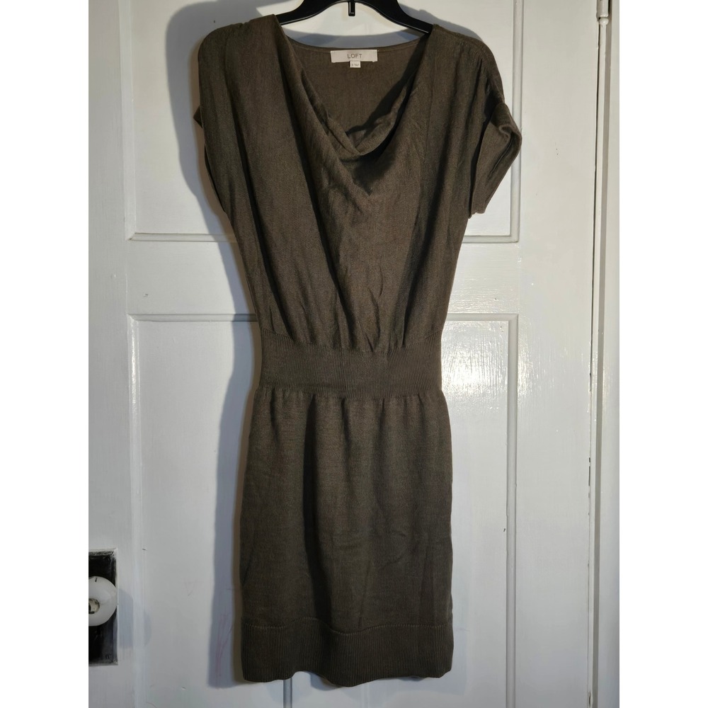 Ann Taylor Loft Brown Cowl Neck Knit Sweater Dress Short Sleeve Size S